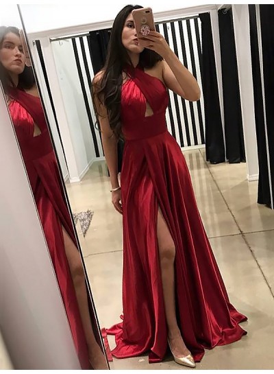 2024 Charming A Line Red Elastic Satin Side Slit Halter Backless Long Prom Dresses