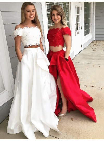 2023 New Arrival A Line Satin Red And White Off Shoulder Lace Side Slit Two Pieces Long Prom Dresses