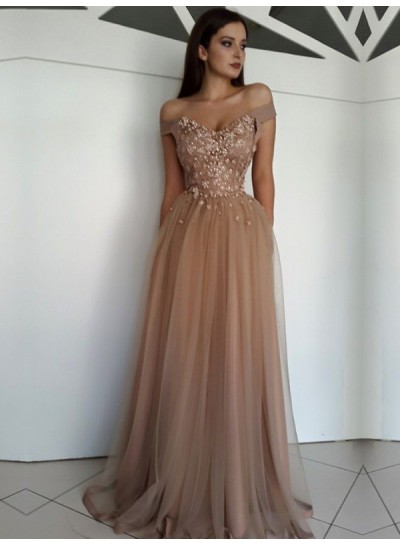 2024 New Design A Line Tulle Off Shoulder Sweetheart Long Prom Dresses With Appliques