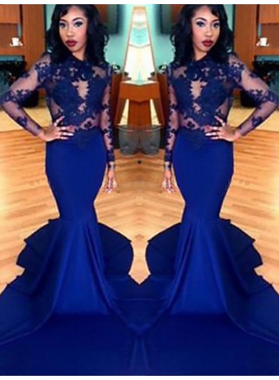 2023 Royal Blue Mermaid Long Sleeve Satin See Through Prom Dresses With Appliques