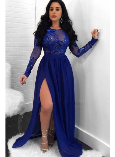 Charming A Line Side Slit Long Sleeves Chiffon Royal Blue See Through Prom Dresses 2024