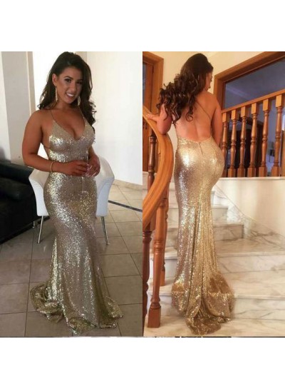 Sexy Mermaid Gold Sweetheart Halter Backless Sequence Backless 2023 Prom Dress