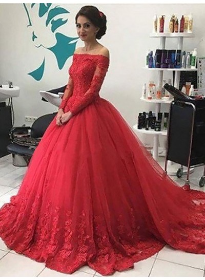 2023 Long Sleeves Tulle Off Shoulder Red Ball Gown Prom Dress