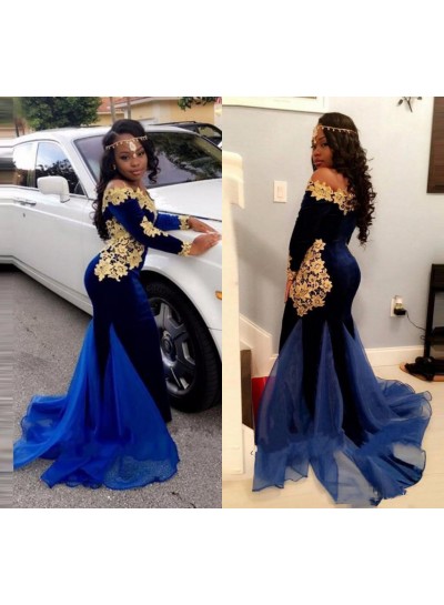 2023 Mermaid Royal Blue and Gold Appliques Velvet Long Sleeves Off Shoulder South African Long Prom Dress