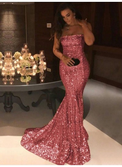 Charming Bling Bling Shiny Mermaid Strapless Sequence Pink 2024 Prom Dress