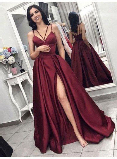2024 Newly A Line Satin Burgundy Side Slit Sweetheart Long Prom Dress