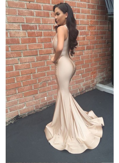 Sexy Mermaid 2023 Champagne V Neck Stretchy Long Prom Dress