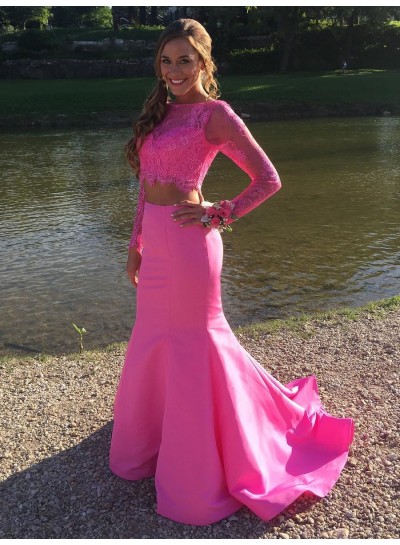 Amazing Mermaid Long Sleeve Satin Lace Two Pieces Long Pink Prom Dress 2024