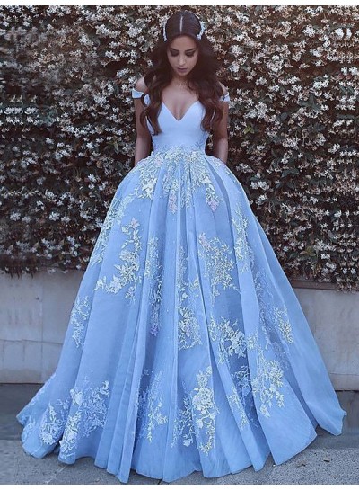 2024 A Line off Shoulder V Neck Bodice Applique Prom Dresses / Ball Gown