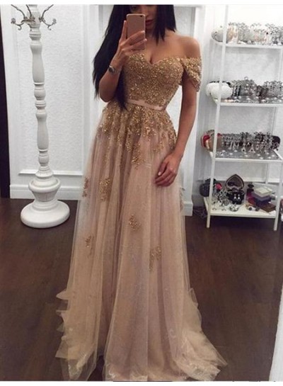 2023 Off shoulder Sweetheart Beads Tulle A-Line Sexy Prom Dresses