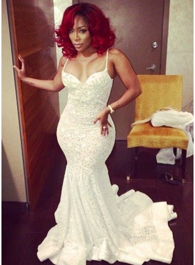 2023 Ivory White Spaghetti Strap Sleeveless Bodice Mermaid Prom Dresses