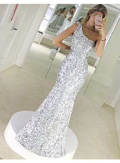 One Shoulder Mermaid Sequined Shining Sleeveless Silver Elegant Prom Dress