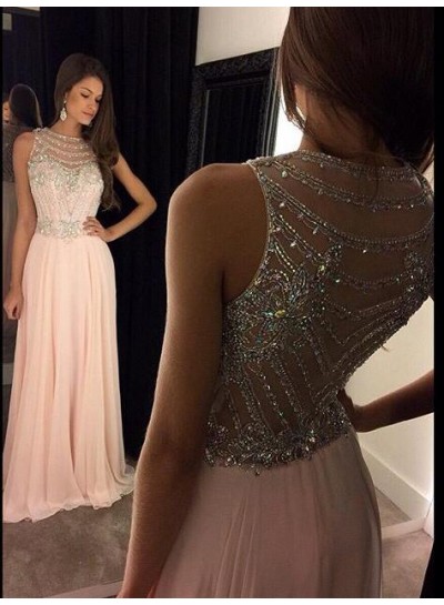 A Line Jewel Sheer Round Neck Sweetheart Ruffle Beading Pink Prom Dress
