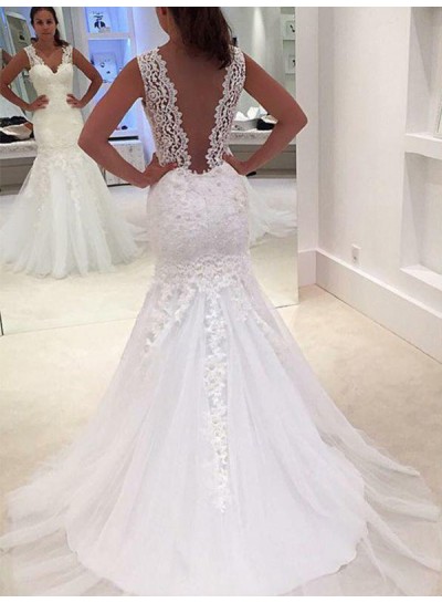 Backless Sexy Mermaid Sheer Straps Applique Tulle Layered Wedding Dresses