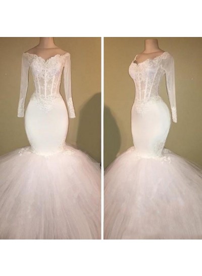 Long Sleeve White Off Shoulder Mermaid Droped Tulle Applique Wedding Dresses
