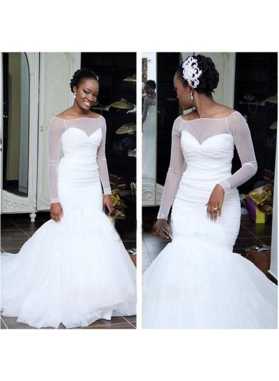 White Sheer Long Sleeve Ruching Mermaid Sweetheart Wedding Dresses 