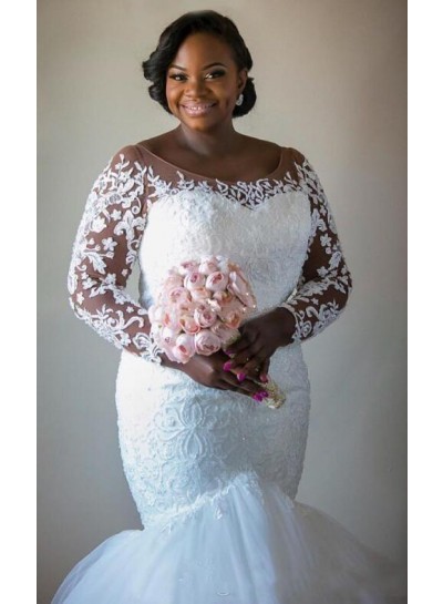 Scoop Sheer Sweetheart Mermaid Bodice Long Sleeve Applique Droped Wedding Dresses