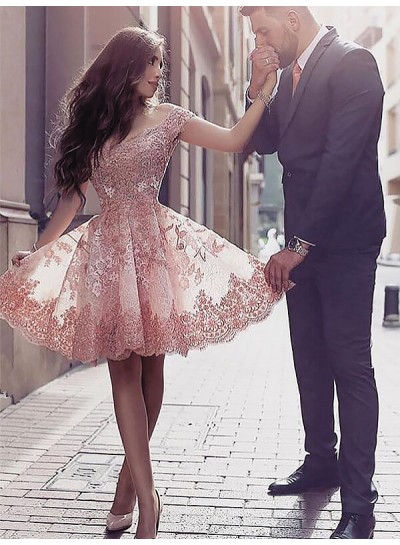 Knee Length Off Shoulder A Line Applique Pleated Wedding Dresses