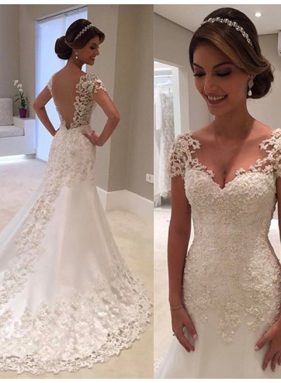 Regular Sweetheart Applique Beading A Line Backless Lace Wedding Dresses