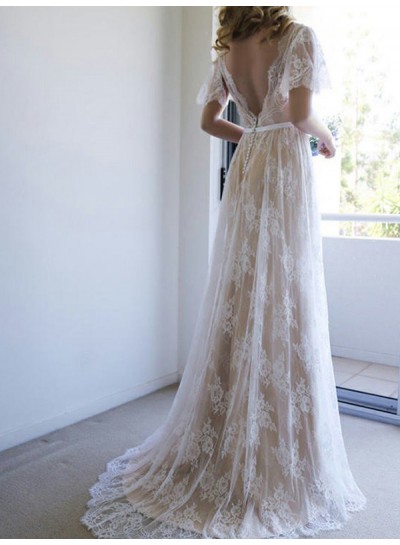 Modest Short Sleeve Champagne V Neck Backless Applique Lace Wedding Dresses