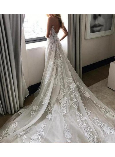 Backless V Neck Spaghetti Straps Royal Train Applique Tulle Wedding Dresses
