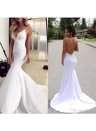 White Backless Mermaid Deep V Spaghetti Straps Sleeveless Wedding Dresses