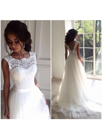 Sweetheart Regular Ivory A Line Tulle Backless Lace up Wedding Dresses