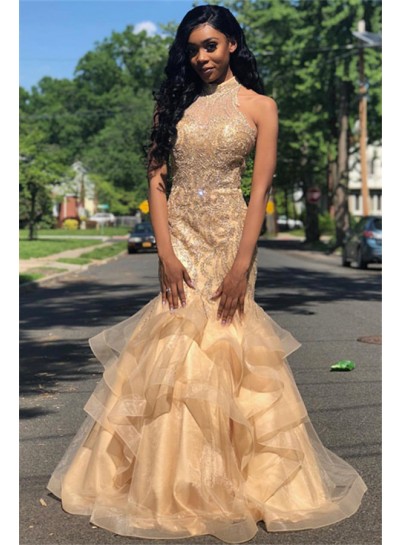 2024 Glamorous Champagne Halter Beading Mermaid/Trumpet Organza Tiers Prom Dresses