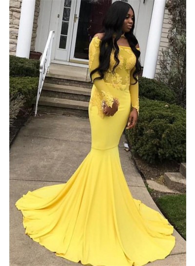 2024 Fresh Daffodil Long Sleeve Off-The-Shoulder Applique Mermaid/Trumpet Satin Prom Dresses