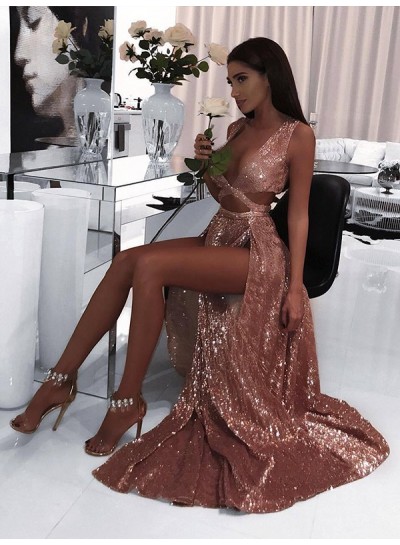 2023 Seductive Dusty-Rose V Neck Criss-Cross Double Split-Front Sequins Beaded Prom Dresses