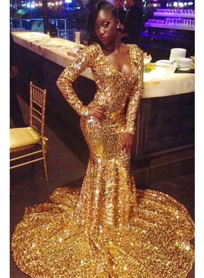 2023 Shining Gold Sequins Long Sleeve Mermaid/Trumpet Scoop Neck Plus Size Prom Dresses