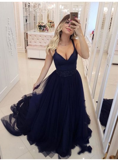 2023 Glamorous Dark-Navy V Neck Regular Straps Tulle Beaded Sleeveless Plus Size Prom Dresses