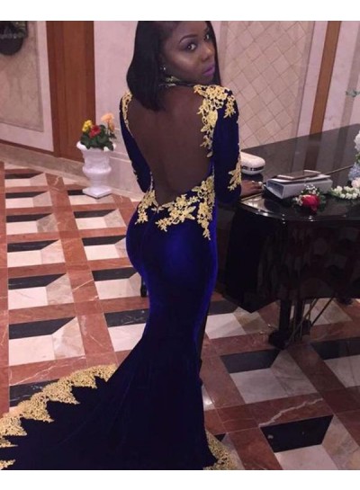 2024 Royal-Blue Velvet Long Sleeve Backless Applique Mermaid/Trumpet Prom Dresses