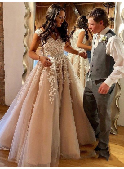 2024 Charming Dusty-Rose A-Line/Princess V Neck Applique Beaded Tulle Prom Dresses