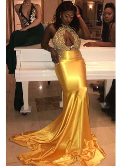 2023 Halter High Neck Sleeveless Cut Out Applique Beaded Mermaid/Trumpet Satin Prom Dresses