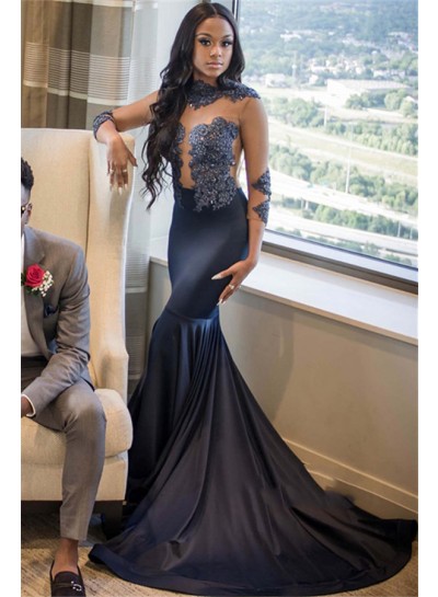 2024 Navy Blue High Neck Long Sleeve Applique Beaded See Through Satin Mermaid/Trumpet Prom Dresses