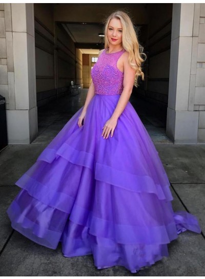 2024 Ball Gown Scoop Neck Sleeveless Beading High Low Tiers Organza Prom Dresses