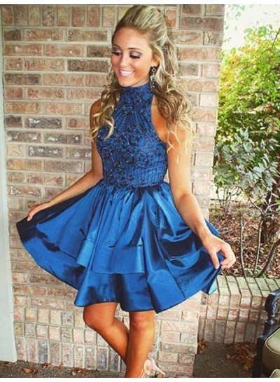 2023 A-Line/Princess High Neck Sleeveless Layers Beading Satin Cut Short/Mini Homcoming Dresses