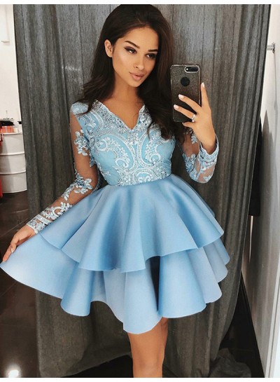 2023 Ball Gown V Neck Long Sleeve Applique Beading Layers Cut Short/Mini Homecoming Dresses