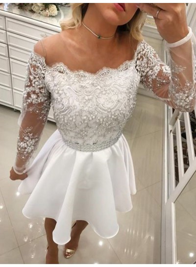 2024 A-Line/Princess Off-The-Shoulder Long Sleeve Applique Beading Cut Short/Mini Homecoming Dresses