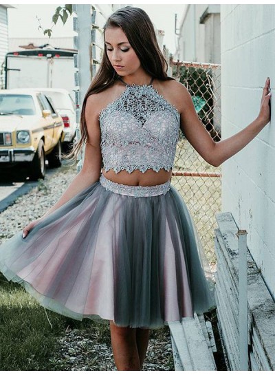 2024 Ball Gown Two Piece Halter Sleeveless Applique Tulle Knee-Length Homecoming Dresses
