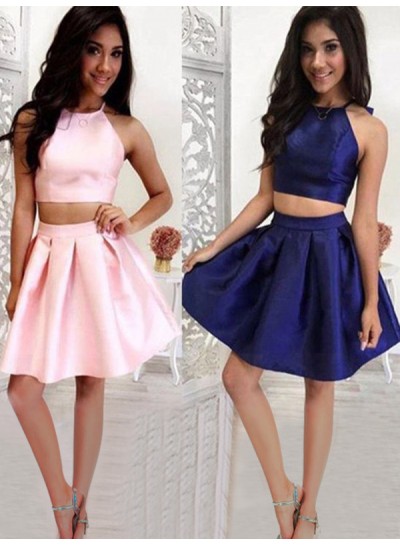 Two Piece Halter Sleeveless Satin Pleated Cut Short/Mini Homecoming Dresses