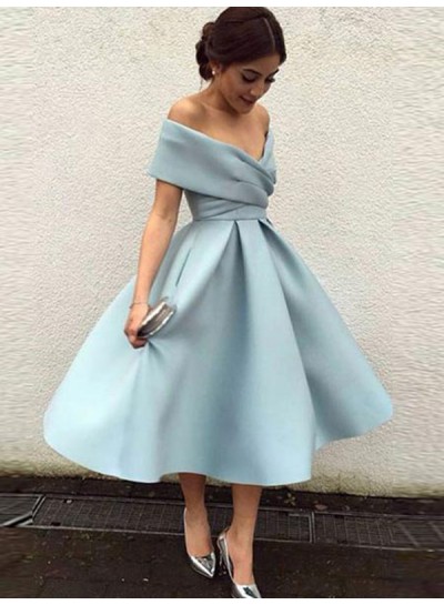 Elegant Tea-Length Off-The-Shoulder Pleated Satin Ball Gown Homecoming Dresses
