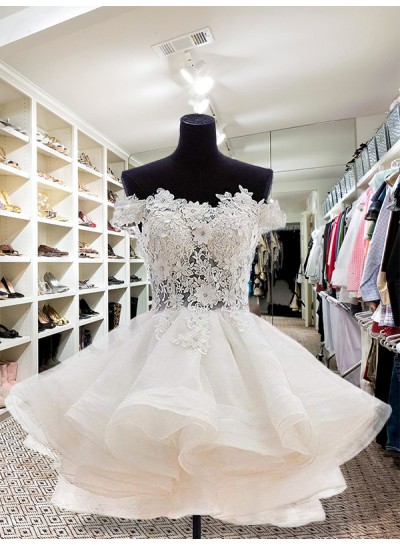 Ball Gown Botton Layer Applique Beading Off-The-Shoulder Cut Short Mini Homecoming Dresses