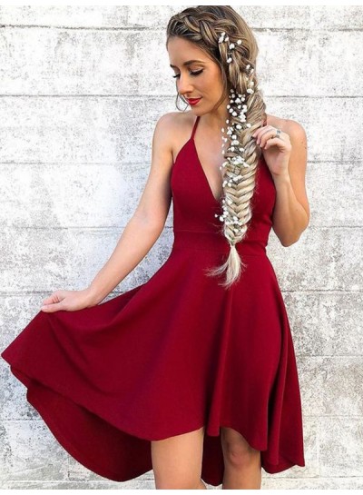High Low V Neck Halter Sleeveless A-Line/Princess Short Mini Homecoming Dresses