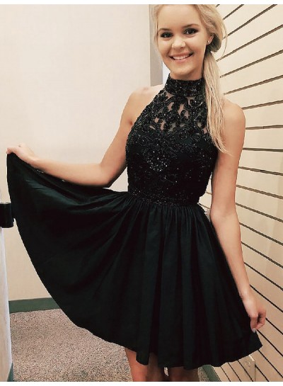 High Neck Sleeveless Black Beading Pleated A-Line/Princess Cut Short Mini Homecoming Dresses