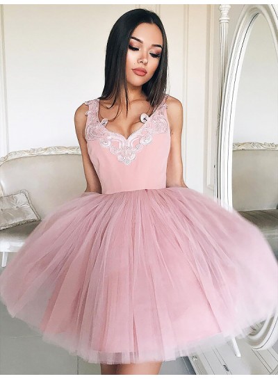 Tulle Ball Gown V Neck Sleeveless Applique Cut Short Mini Homecoming Dresses
