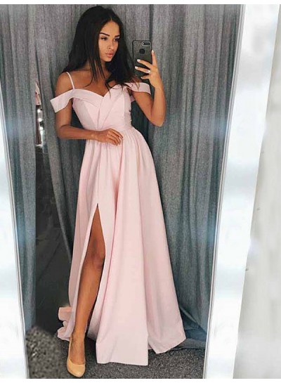 Spaghetti Straps Pink Satin Off The Shoulder A Line Pleated Side Split Long Prom Dresses 2024