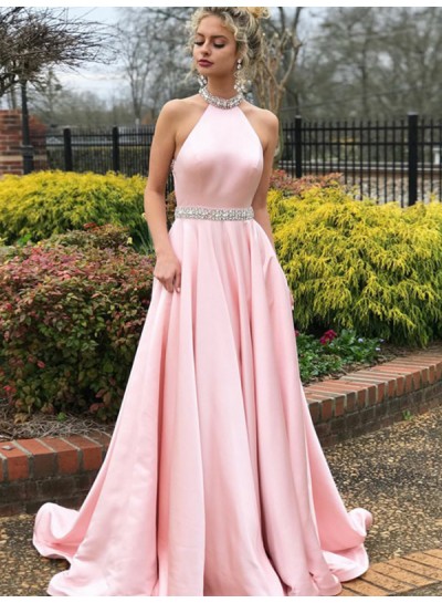 Halter Pink Satin Rhinestone Simple Elegant Pleated A Line Prom Dresses 2023