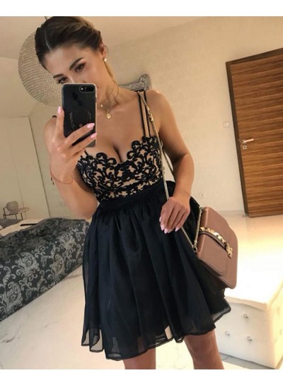 Straps Sweetheart Black Appliques Ball Gown Organza Short Sexy Backless Homecoming Dresses
